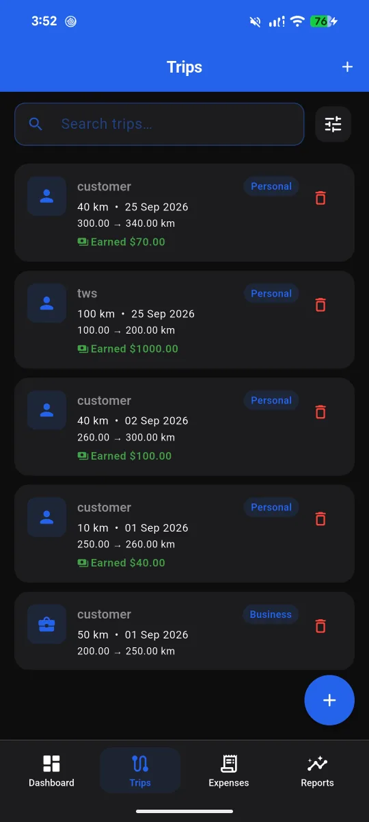 OdoGrid trips list showing each trip with its distance and amount earned, and a Business or Personal badge.