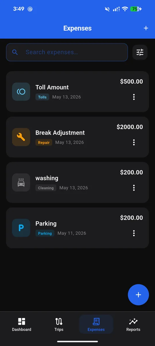 OdoGrid expenses list with per-category icons and dates for tolls, repairs, cleaning and parking.