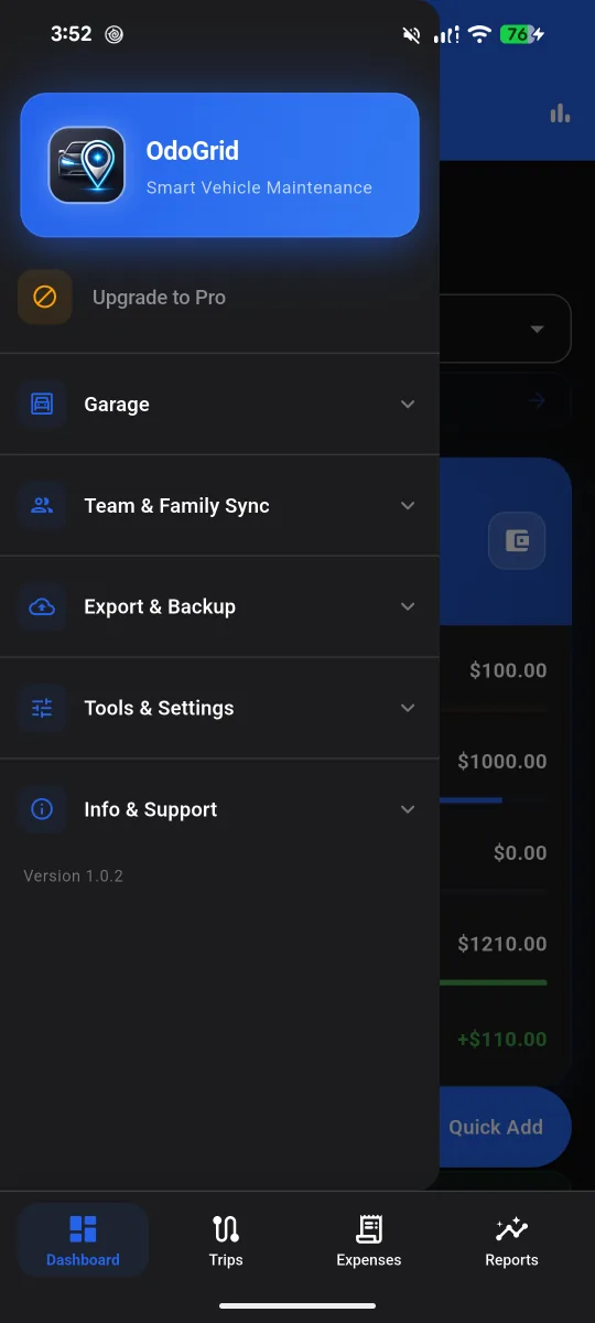 OdoGrid navigation drawer listing Upgrade to Pro, Garage, Team and Family Sync, Export and Backup, Tools and Settings, and Info and Support.